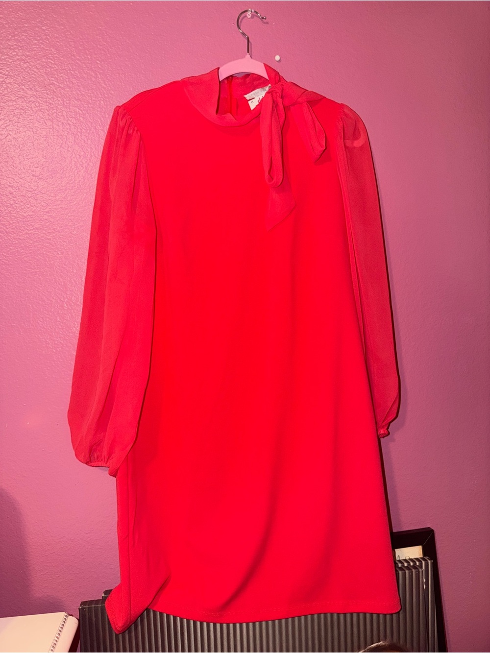 London Times Coral-Red Tie-Neck Shift Dress